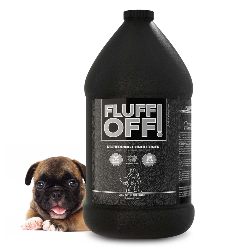Girl With The Dogs Fluff Off bottleâtrusted deshedding conditioner for pets.