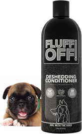 Girl With The Dogs Fluff Off bottle pour shows quick deshedding potential.