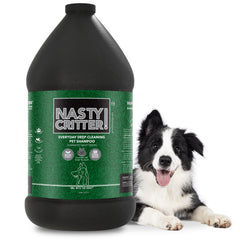 Label on Nasty Critter bottle highlighting professional-grade dog cleansing by Girl With The Dogs.