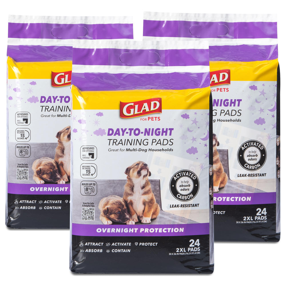 Glad Day to Night activated carbon puppy pad pack shot showing odor control benefits