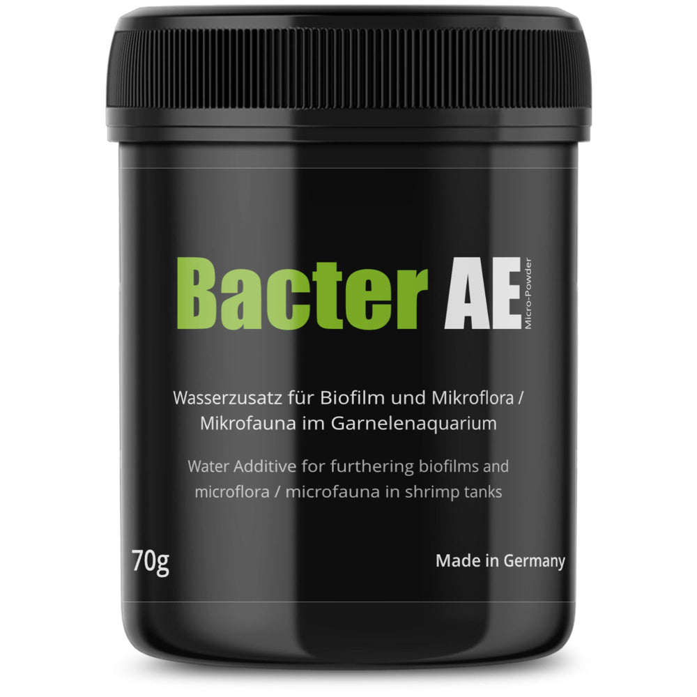 GlasGarten Bacter AE Content 70 g bottle illustrating probiotic support for biofilm in aquariums.