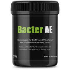 GlasGarten Bacter AE Content 70 g bottle illustrating probiotic support for biofilm in aquariums.
