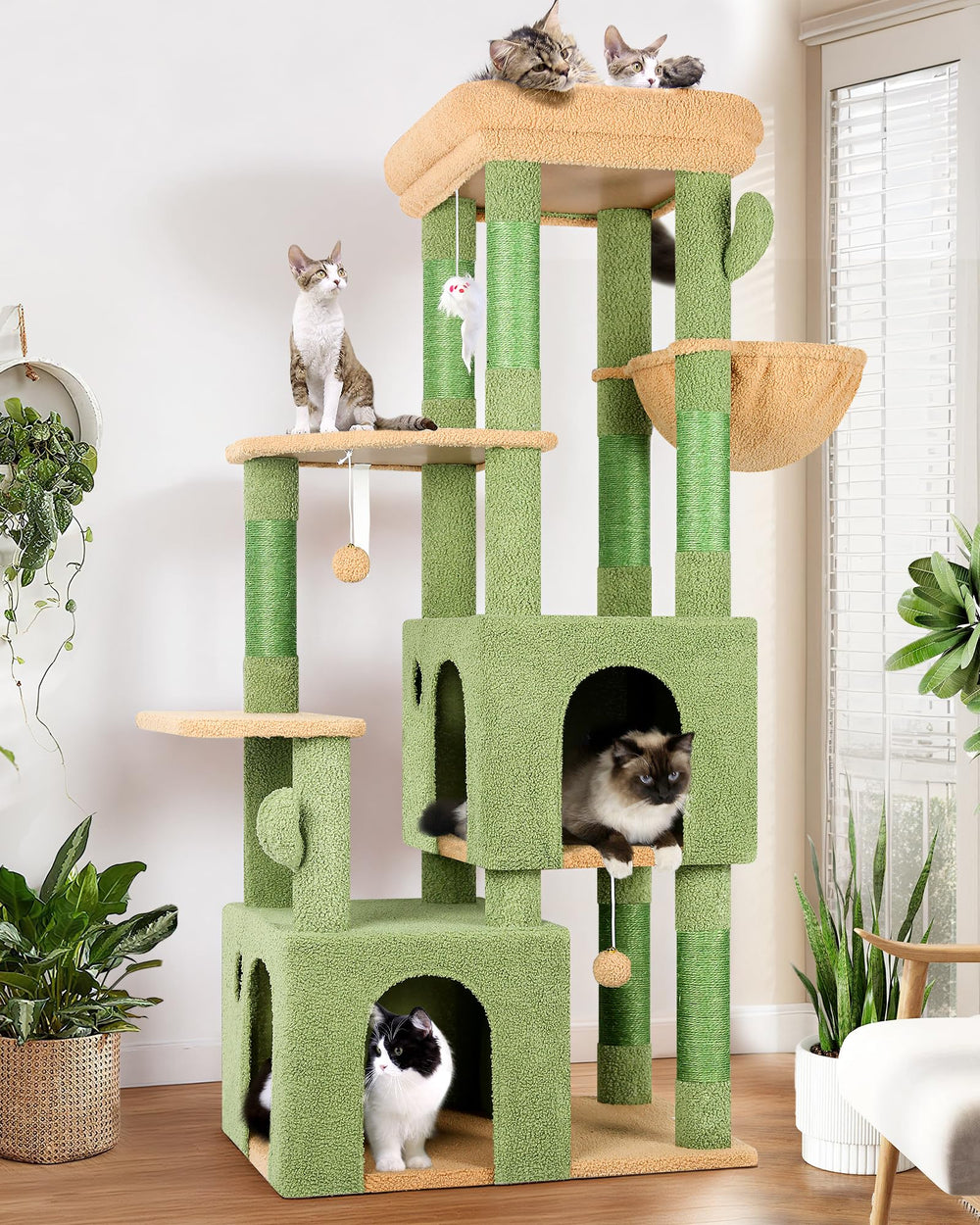 Globlazer Cactus Cat Tower top perch offers a wide, comfortable lookout for large indoor cats.