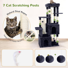 Globlazer cat tower with hanging toys stimulates play and exercise.