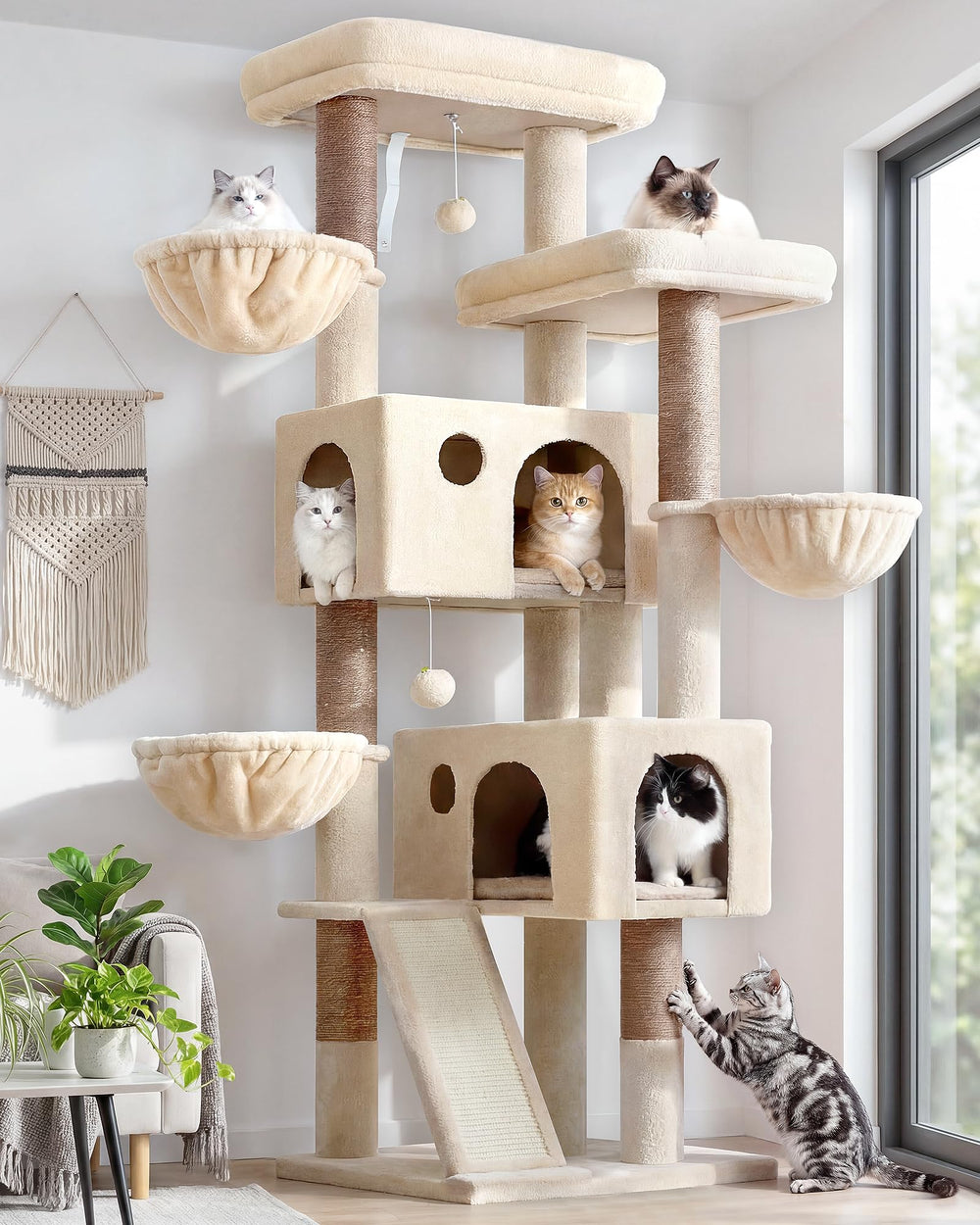 Globlazer cat tree 72-inch beige tower with top perch for large indoor cats.