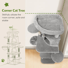 Globlazer corner cat tree with fan-shaped condos saves corner space.