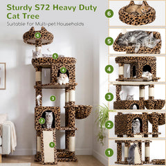 Globlazer cat tree leopard print side view, stable design supports climbing and lounging.