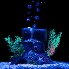GloFish treasure chest decor visible under LED and ideal for colorful tank setups.