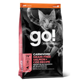 Go! Solutions Carnivore Salmon + Cod dry cat food bag emphasizes high-protein nutrition for lean muscles