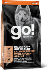 Go! Solutions salmon dry dog food bag highlights premium fish for sensitive stomachs.