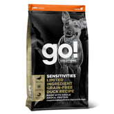 Go! Solutions Sensitivities duck dry dog food bag highlights limited ingredients for sensitive stomachs