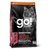 Go! Solutions Sensitivities salmon dry cat food bag shows grain-free formula for sensitive stomachs.