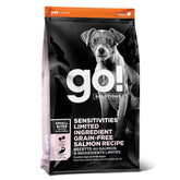 Go! Solutions Sensitivities salmon kibble bag front grain-free formulation.