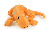 GoDog Amphibianz Gecko squeaky toy in orange for durable, engaging play with built-in squeaker.
