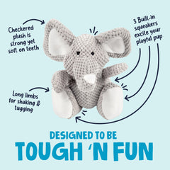 goDog Checkers Elephant squeaker toy for interactive fetch sessions.