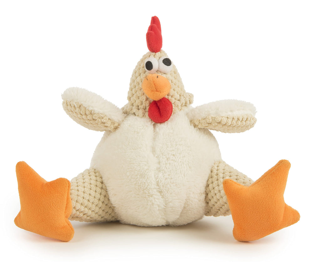 GoDog Fat Rooster squeaky toy, white, front view, invites interactive play.