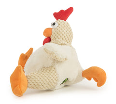 GoDog Fat Rooster plush, white, side view with soft texture for cuddling.