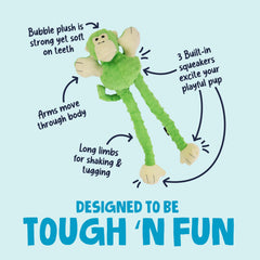 GoDog Crazy Tugs Monkeys squeaky toy dog face view emphasizes tug-friendly design