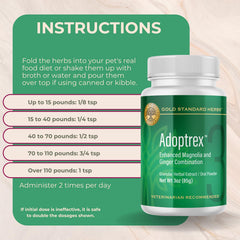 Gold Standard Herbs Adoptrex packaging box indicating veterinary-backed gut support