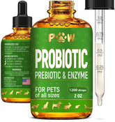 Golden Paw liquid probiotics bottle pour illustrates easy dosing for digestive support.