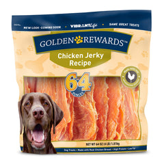 Golden Rewards Chicken Jerky 64oz bag showing real chicken treats for dogs