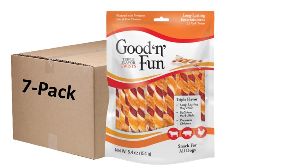 Good 'N' Fun Triple Flavor Twist bag front, savory long-lasting dog chew.