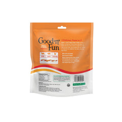 Good 'N' Fun Triple Flavor Twists chicken-wrap close-up; real chicken boosts flavor.