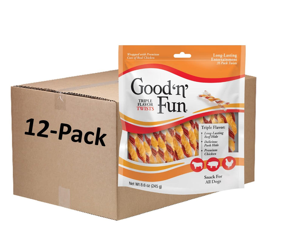 Good 'N' Fun Triple Flavor Twists packaging: long-lasting, protein-rich dog chew.