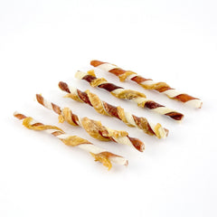 Good 'N' Fun Triple Flavor Twists rawhide-wrap close-up; protein-rich chew.