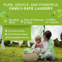 Good Natured Brand detergent being used to clean pet toys and bedding in washer