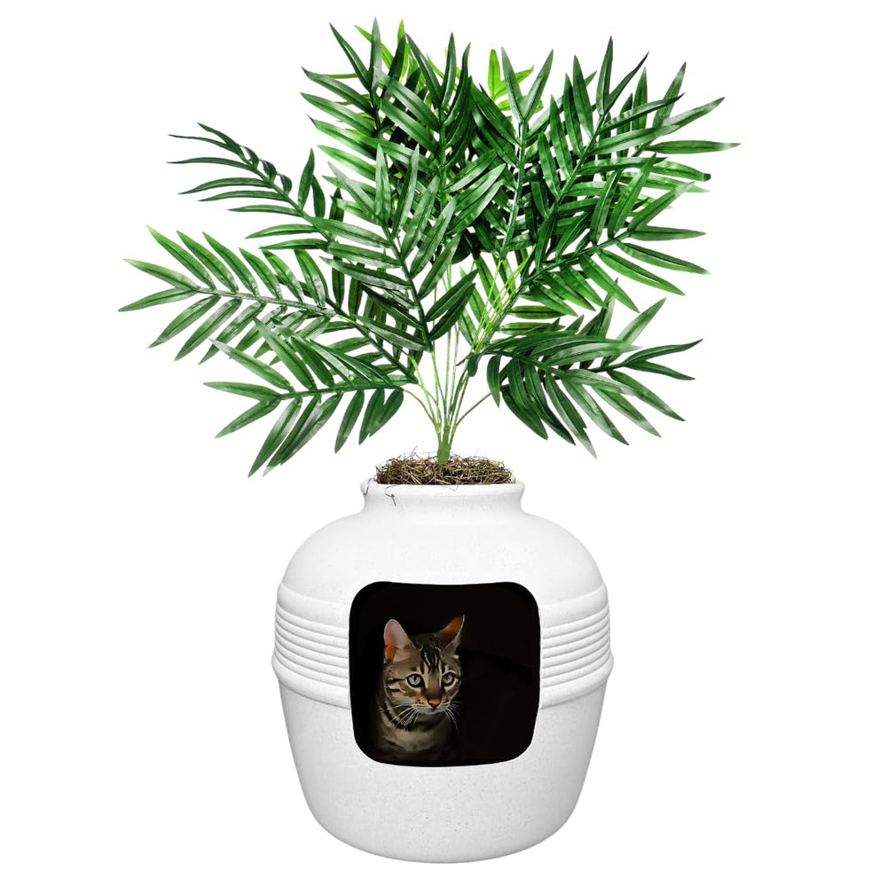 Good Pet Stuff hidden litter box planter in white birch finish discreetly hides litter.
