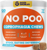 GOODGROWLIES Chew No Poo bottle front illustrates stool-deterrent support for dogs.