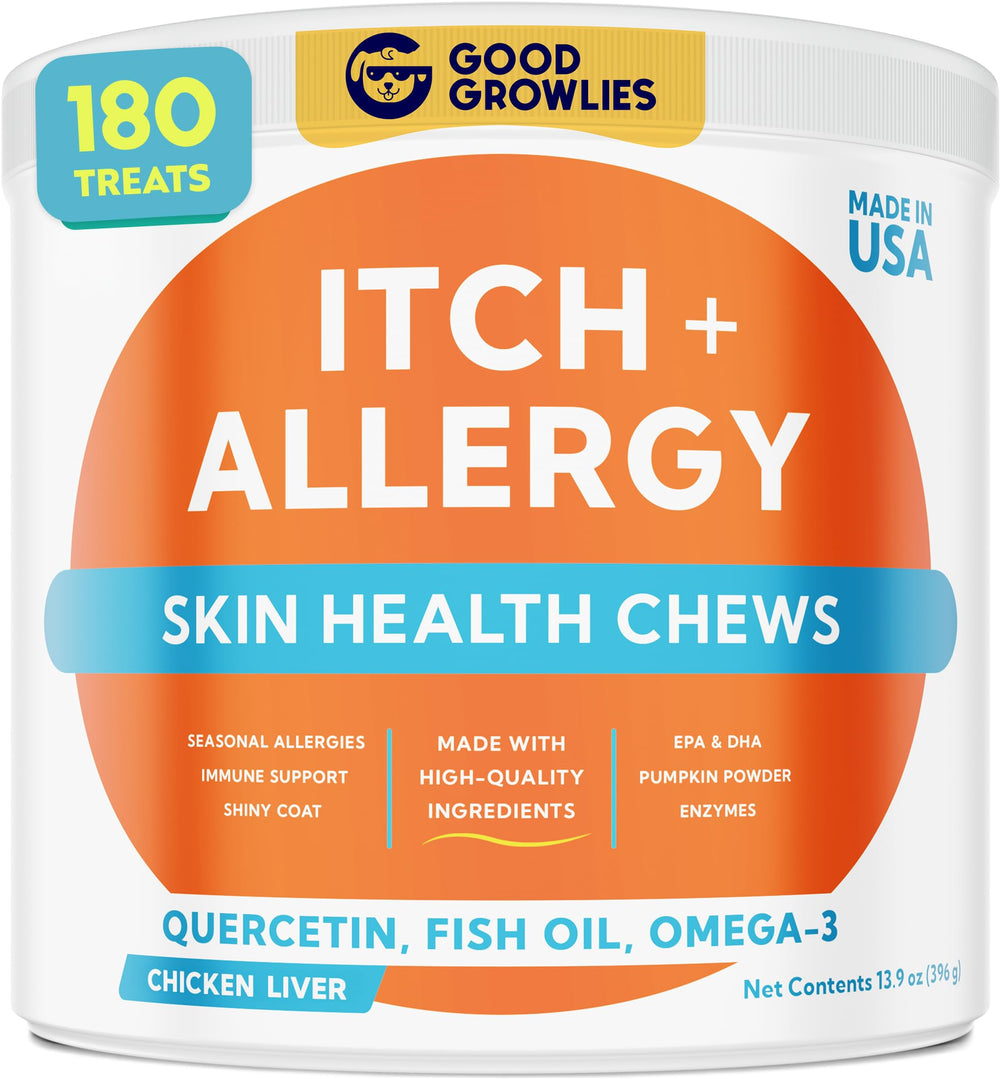 GOODGROWLIES dog allergy relief chews bottle shown for anti-itch support and easy daily use.