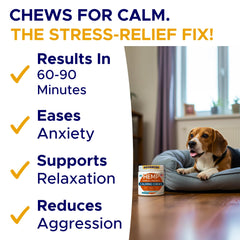 GOODGROWLIES dog treats on a sofa illustrating long-term stress support
