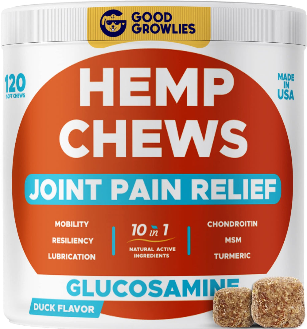 GOODGROWLIES glucosamine dog joint supplement focuses on hip and mobility support for aging dogs.