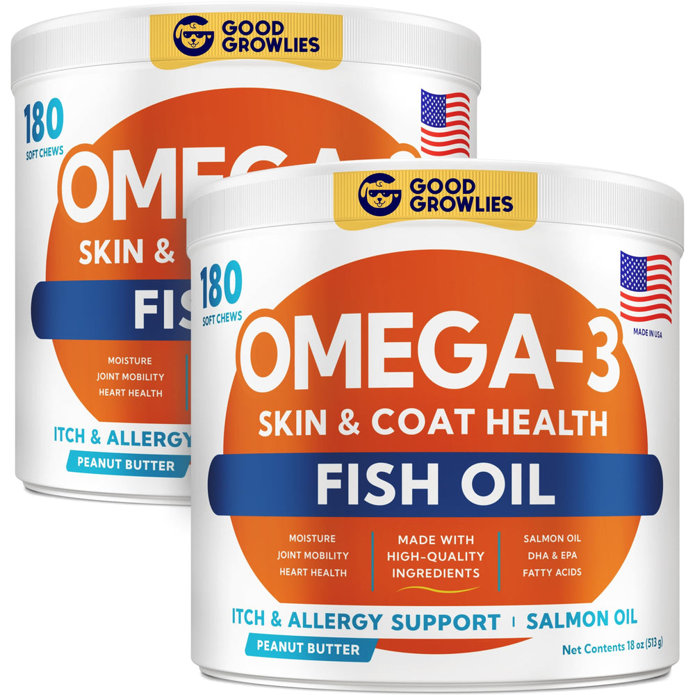 GOODGROWLIES Omega 3 for dogs in a bottle supports overall health and easy dosing.
