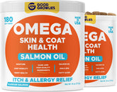 GOODGROWLIES Omega 3 Alaskan Fish Oil dog treats in bottle, supporting skin and coat.