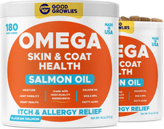 GOODGROWLIES Omega 3 Alaskan Fish Oil dog treats in bottle, supporting skin and coat.