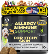 Googipet Dog Allergy Chews bottle shown for daily comfort during seasonal changes.