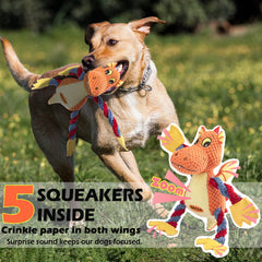 Goola dragon squeaky toy, side view, ideal for fetch and tug.