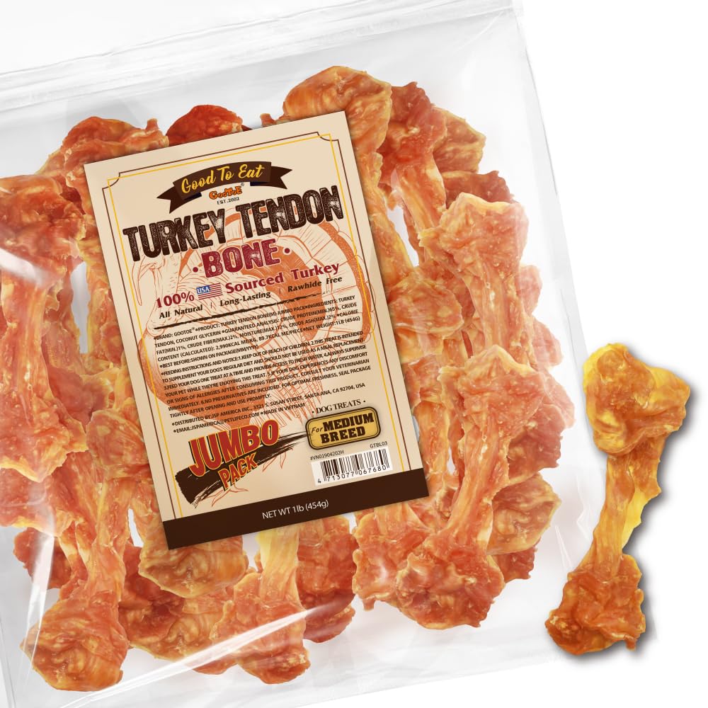 Gootoe turkey tendon dog bag front showing 1 lb packaging for medium breeds