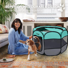 Goozii playpen features durable 600D Oxford fabric for outdoor use.