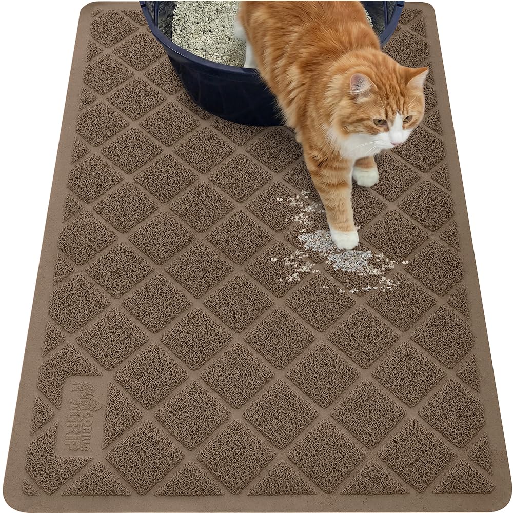 GORILLA GRIP cat litter mat with cushioned coil mesh traps litter and protects floors.