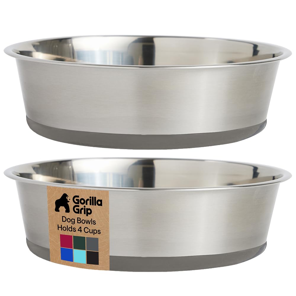 Gorilla Grip dog bowl in stainless steel with 4-cup capacity, ideal for meals.