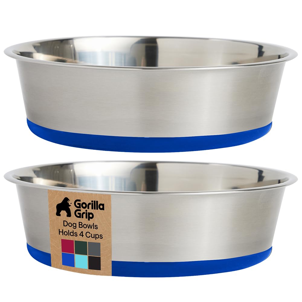 GORILLA GRIP dog bowls with stainless steel interior provide durable feeding.
