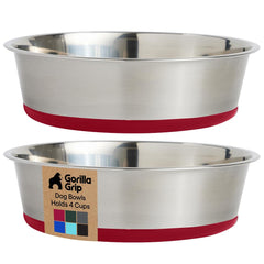 Gorilla Grip two red dog bowls on floor for steady feeding