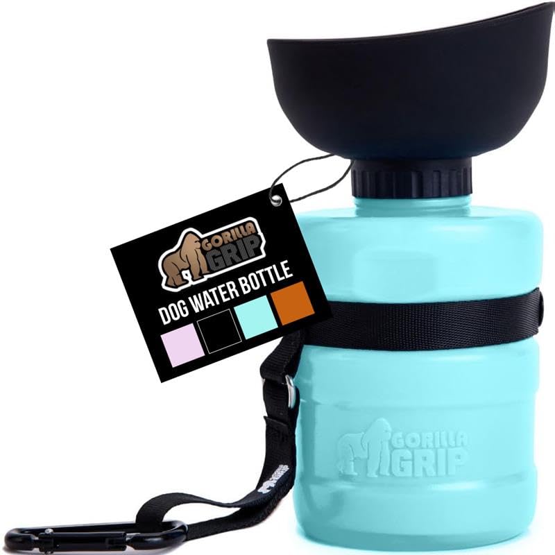 GORILLA GRIP dog water bottle with turquoise cap for on-the-go hydration.
