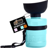 GORILLA GRIP dog water bottle with turquoise cap for on-the-go hydration.