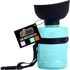 GORILLA GRIP dog water bottle with turquoise cap for on-the-go hydration.