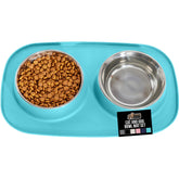 GORILLA GRIP feeding mat with 2-cup turquoise bowls keeps meals tidy.
